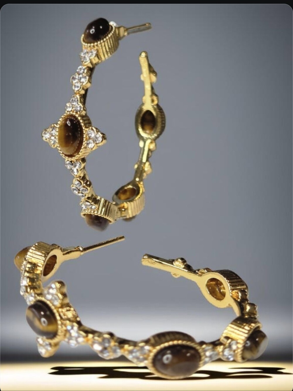 18k Gold Plated Maltese Cross Tigers Eye Jeweled Crystal Hoop Earrings - Picture 3 of 6